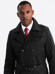 Elegancki płaszcz męski trencz SLIM FIT z paskiem – czarny V2 OM-COSC-0126