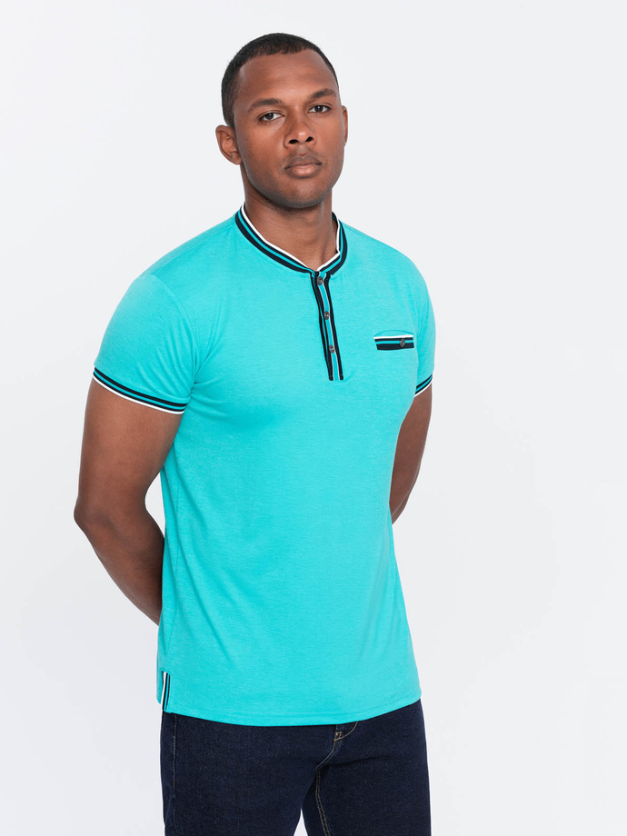 Men's henley t-shirt with decorative ribbing - turquoise V7 OM-TSCT-0175