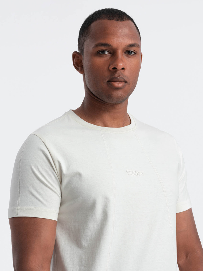 Men's cotton T-shirt with delicate embroidery - cream V2 OM-TSCT-0170