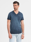 Men's cotton V-neck knit t-shirt with wash effect - navy blue V7 OM-TSWT-0242
