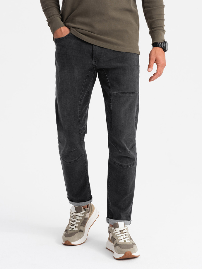 Spodnie męskie jeansowe TAPERED FIT z przeszyciami i podwiniętymi nogawkami – czarne V3 OM-PADP-0161