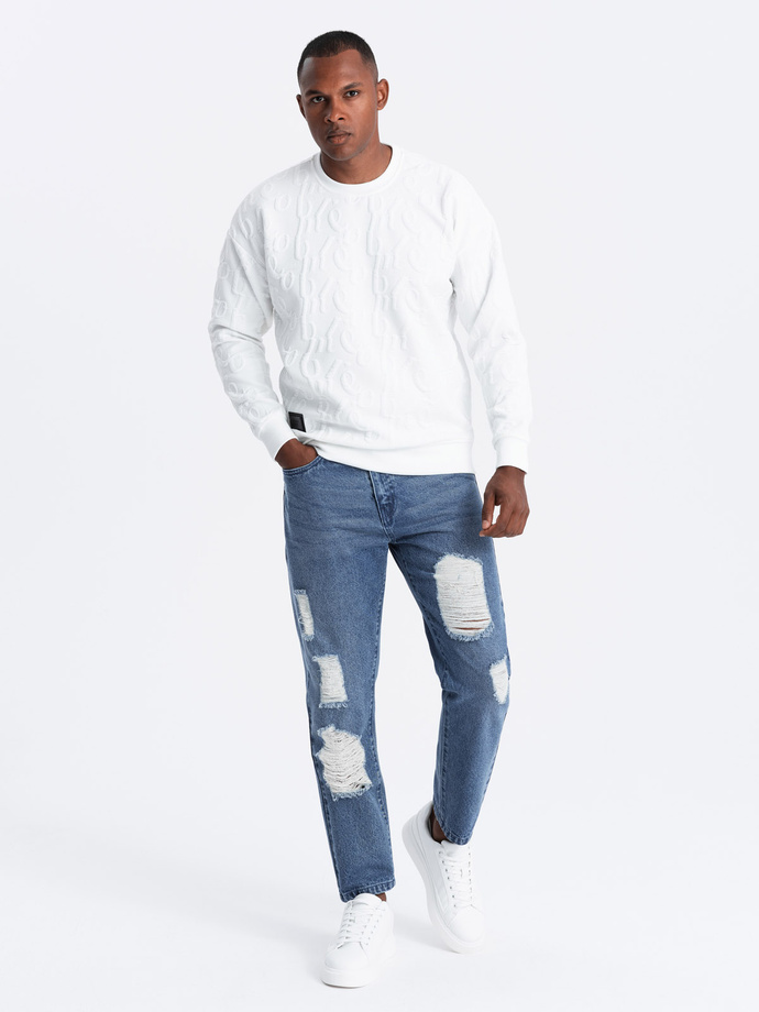 Men's TAPERED FIT denim pants with holes - dark blue V3 OM-PADP-0175