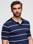 Men's horizontal striped polo shirt with viscose - navy blue and white V1 OM-POSS-0145