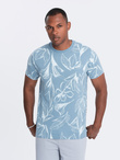 Men's full-print t-shirt with contrasting leaves - blue V2 OM-TSFP-0180