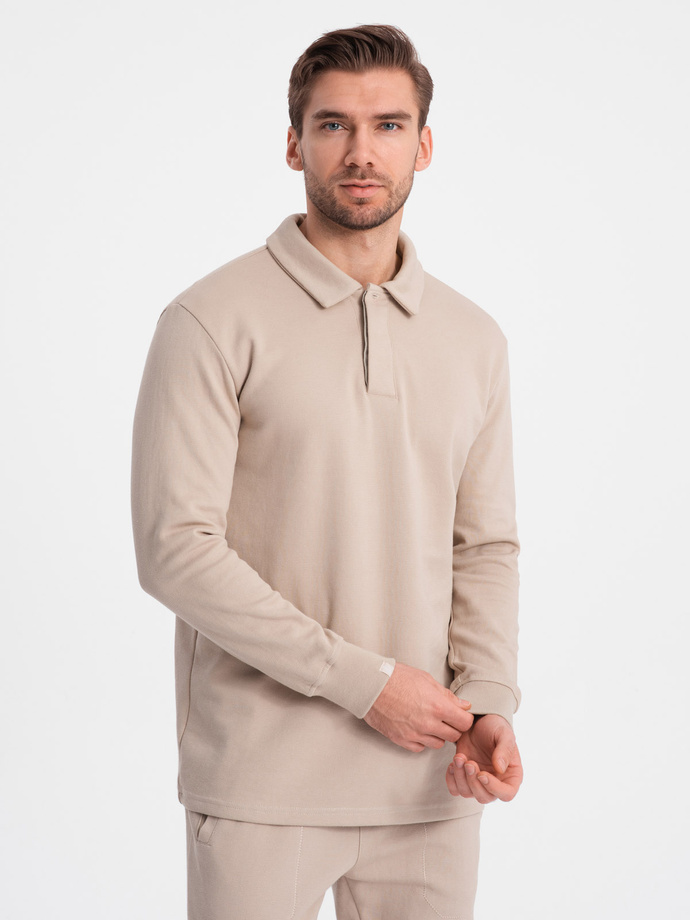 Komplet męski dresowy bluza z kołnierzem polo + spodnie - beżowy V2 Z71