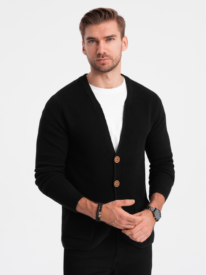 Men's structured cardigan sweater with pockets - black V1 OM-SWCD-0109