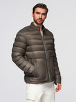 Men's imitation leather jacket with ribbed hem - dark brown V1 OM-JAFL-0109