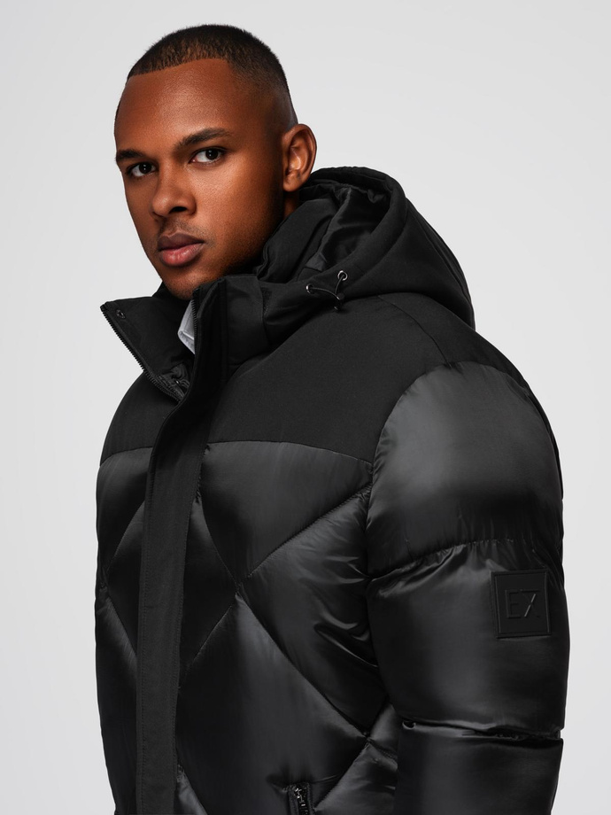 Men's hooded jacket with geometric diamond quilting - black V1 OM-JAHP-0237