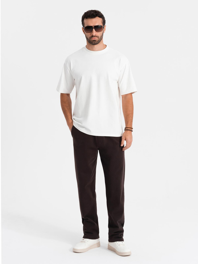 Męski bawełniany t-shirt LOOSE FIT z okrągłym dekoltem – kremowy V2 OM-TSBC-0234 