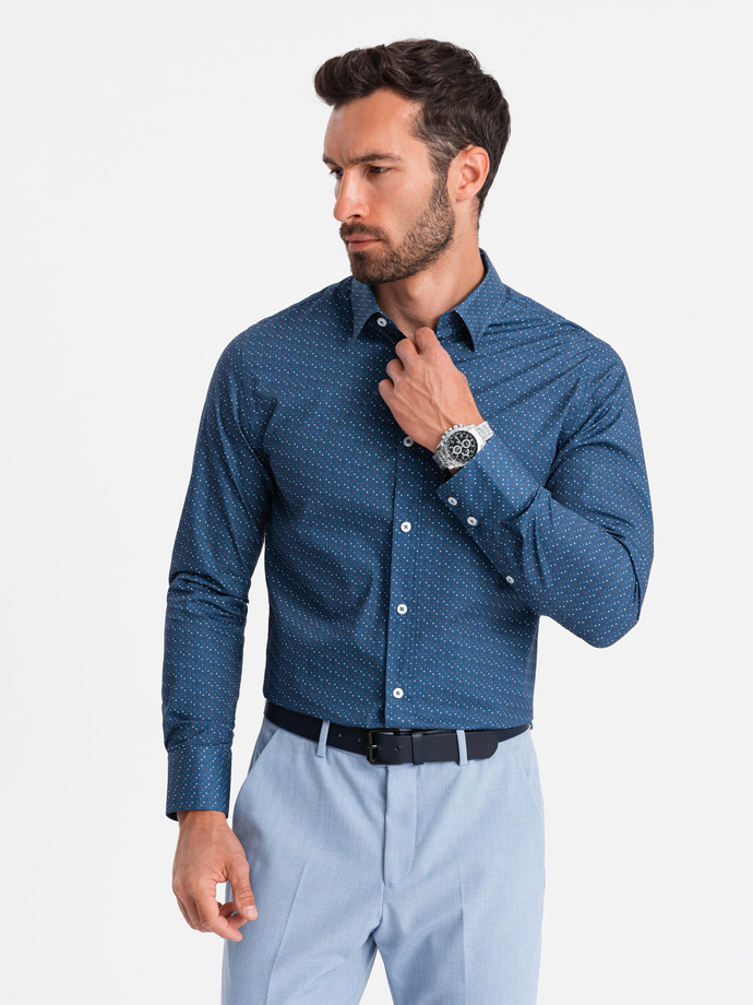 Bawełniana koszula męska we wzory SLIM FIT - niebieska V4 OM-SHCS-0151