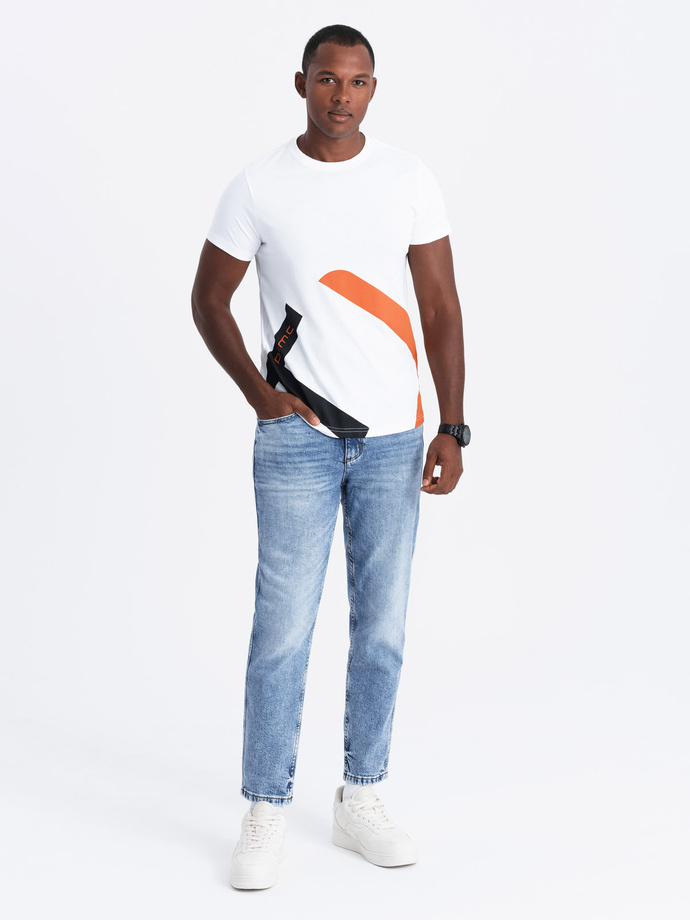 Bawełniany t-shirt męski z kontrastowym dwukolorowym printem – biały V2 OM-TSPT-0219 