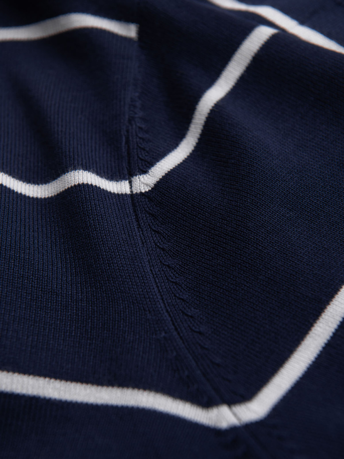 Men's horizontal striped polo longsleeve with viscose - navy blue and white V1 OM-POLS-0146