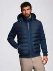 Quilted bomber jacket with hood and knitted sleeves - navy blue V2 OM-JALP-0298