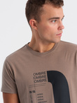 T-shirt męski bawełniany z nadrukiem - jasnobrązowy V2 OM-TSPT-0166