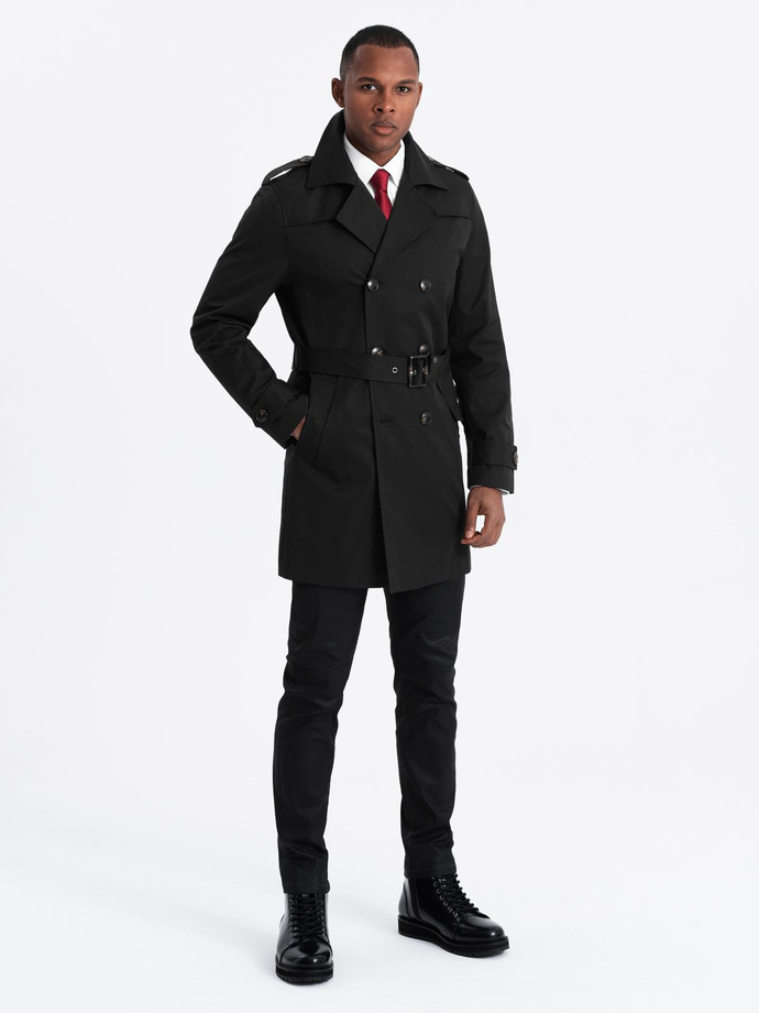 Elegancki płaszcz męski trencz SLIM FIT z paskiem – czarny V2 OM-COSC-0126