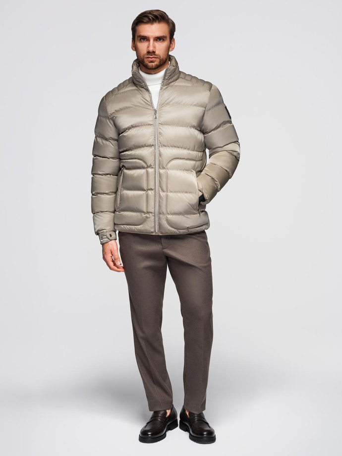 Men's quilted jacket with gloss and stand-up collar - light grey V5 OM-JALP-0218