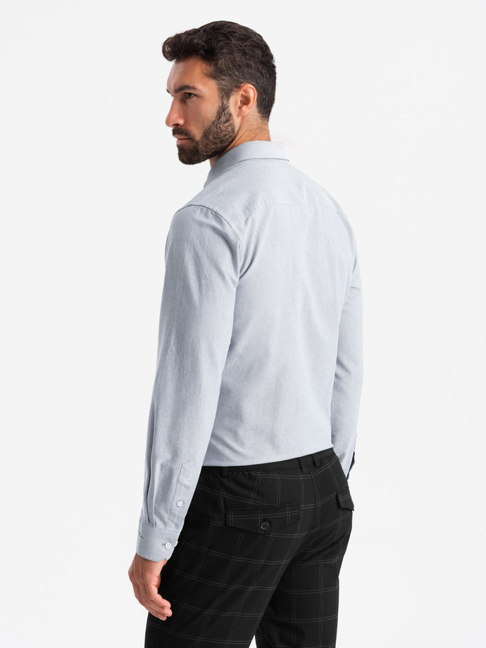 Elegant men's oxford shirt with embroidery and pocket - light grey V2 OM-SHOS-0173