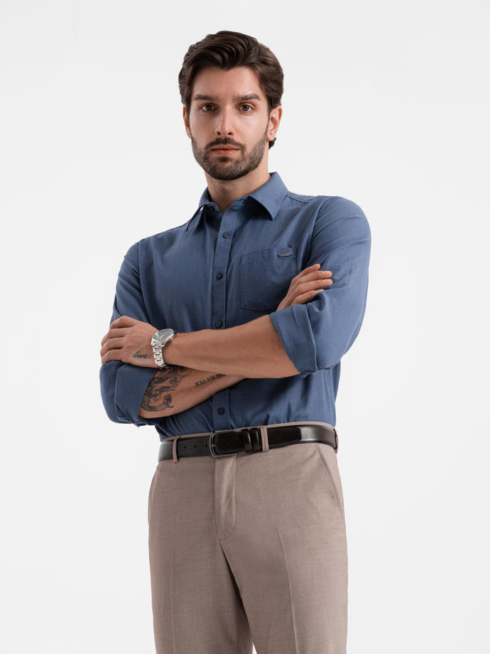 Bawełniana męska koszula z kieszenią REGULAR FIT - niebieska V3 OM-SHCS-0147