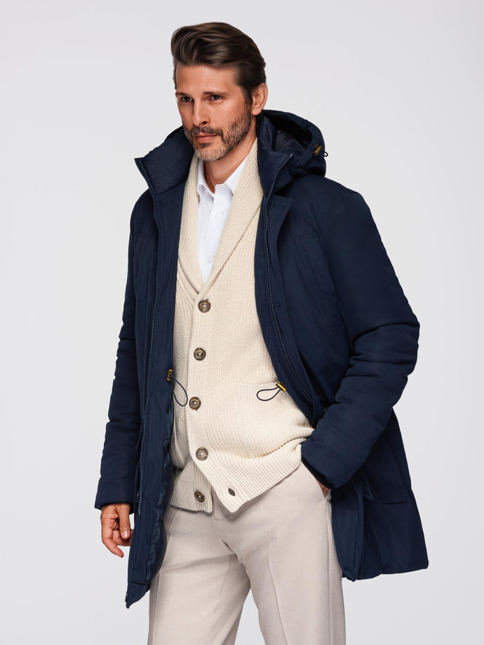 Elegant men's parka with cargo pockets and hood - navy blue V2 OM-JAPJ-0287