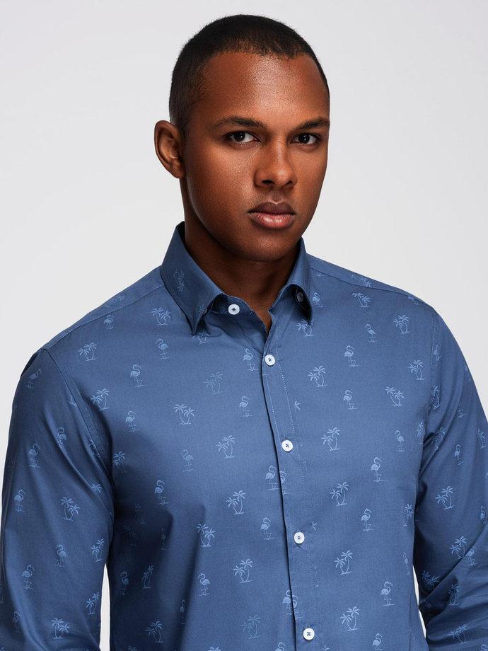 Klasyczna męska bawełniana koszula SLIM FIT w palmy - ciemnoniebieska V5 OM-SHCS-0156