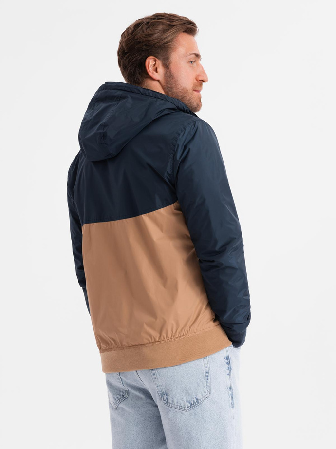 Lightweight colorful men's sports jacket with fleece - brown and navy blue V1 OM-JANP-0194