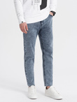Męskie spodnie jeansowe marmurkowe z surowo wykończoną nogawką SLIM FIT - ciemnoniebieskie V4 OM-PADP-0146