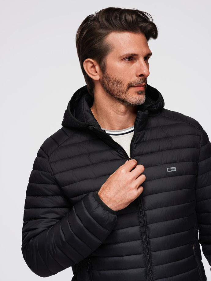 Classic men's quilted jacket with pouch option - black V1 OM-JALP-0295