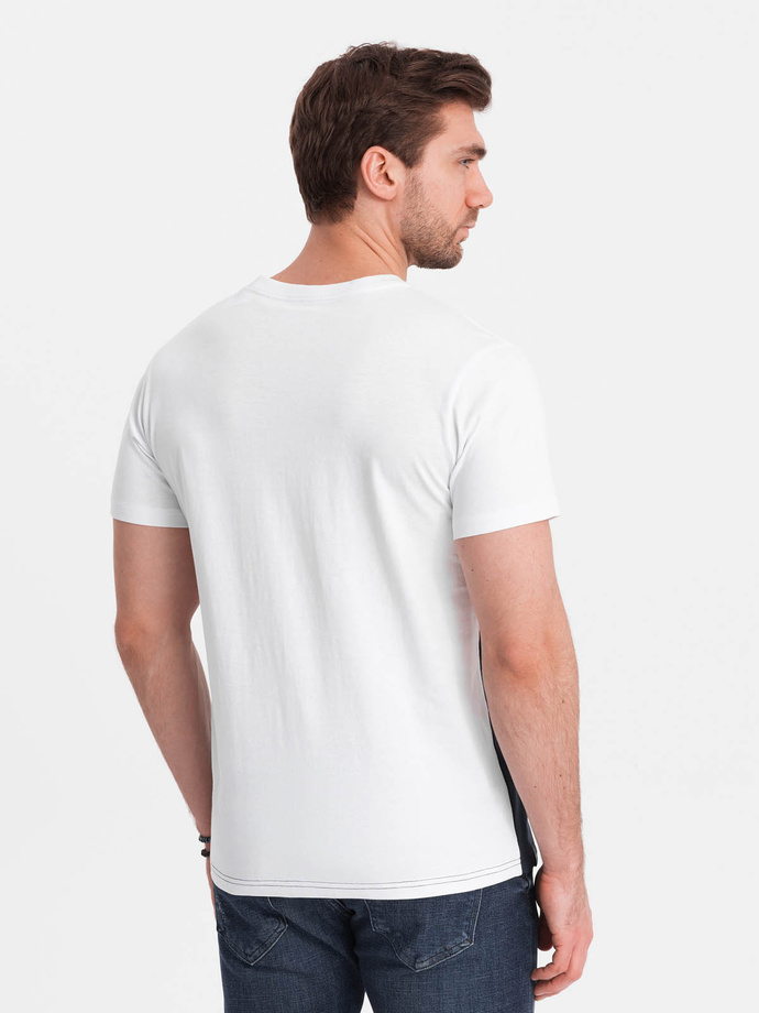 Tri-color men's cotton t-shirt - white and navy blue V3 OM-TSCT-0174