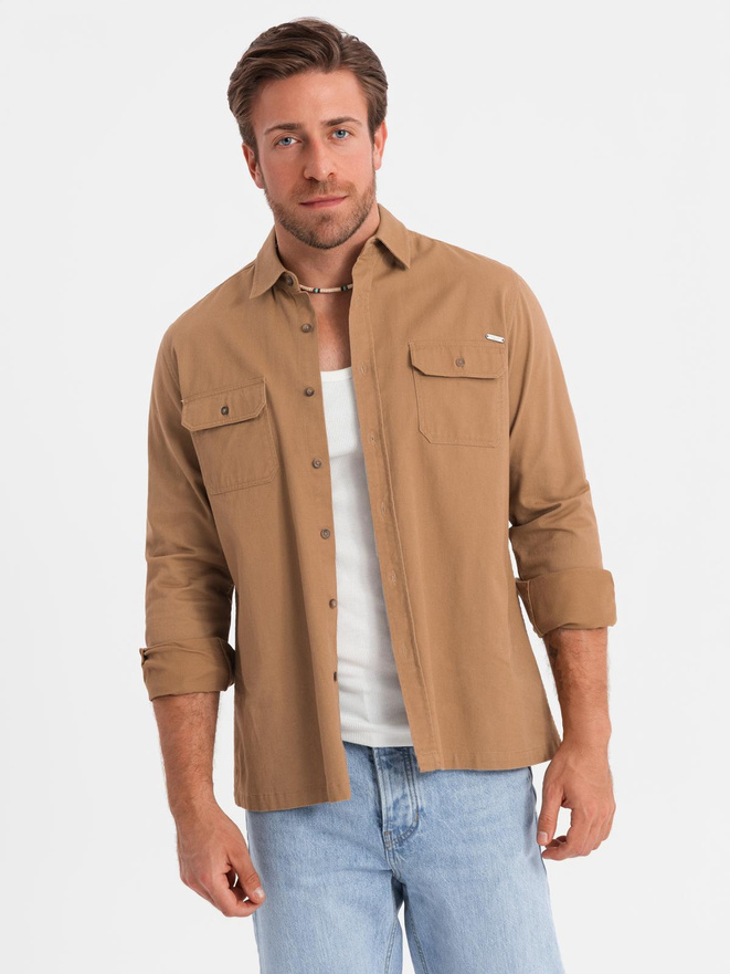 Men's REGULAR FIT cotton shirt with buttoned pockets - camel V2 OM-SHCS-0146