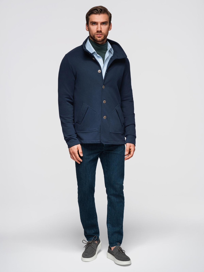 Washed men's sweatshirt with decorative stitching at the neckline - navy blue V4 OM-SSDS-0131