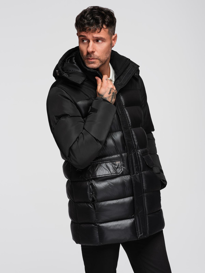 Men's quilted jacket with high collar and hood - black V1 OM-JALJ-0266