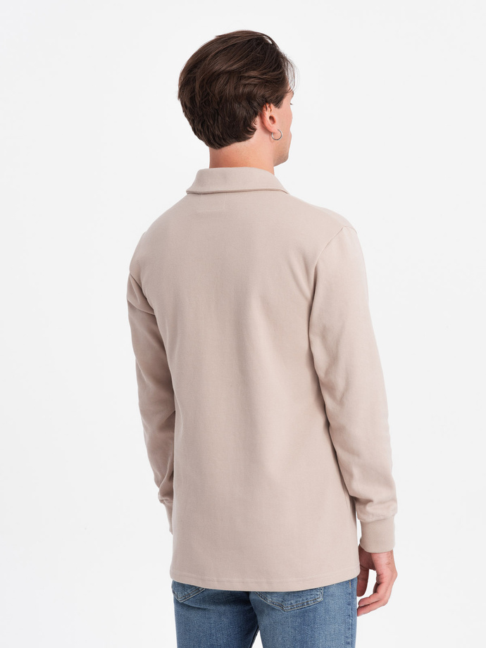 Bluza męska z kołnierzykiem polo ze strukturalnej dzianiny - beżowa V2  OM-SSNZ-0149