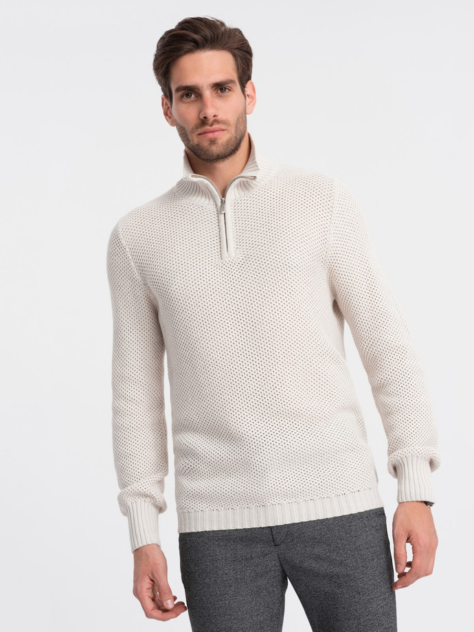 Sweter męski dzianinowy z rozpinaną stójką - kremowy V1 OM-SWZS-0105