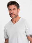 T-shirt męski z kontrastowymi wstawkami i dekoltem w serek – jasnoszary V4 OM-TSCT-0198