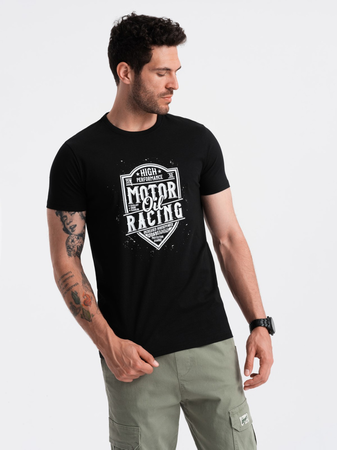 T-shirt męski z nadrukiem w stylu motocyklowym – czarny V1 OM-TSPT-0125
