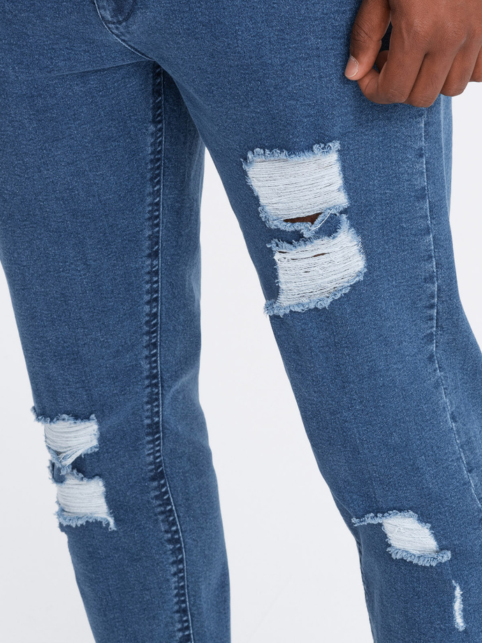 Washable men's TAPER FIT denim pants with rubbing - blue V2 OM-PADP-0163