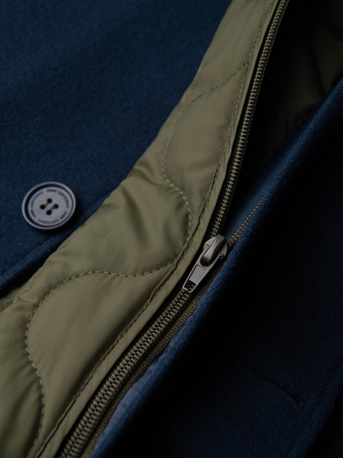 Long men's single-breasted coat with collar and undercoat - navy blue V3 OM-COWC-0135