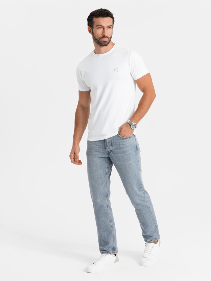 Męski t-shirt SLIM FIT z elastanem i printem – biały V2 OM-TSBC-0222 