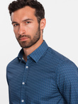 Bawełniana koszula męska we wzory SLIM FIT - niebieska V4 OM-SHCS-0151