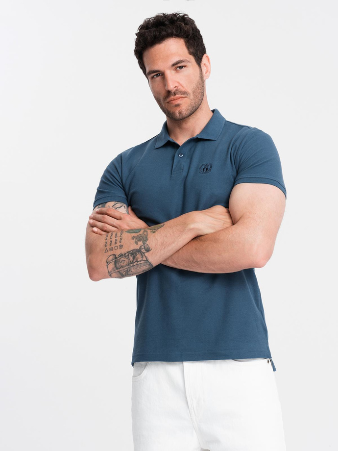 BASIC men's single color pique knit polo shirt - dark blue V13 OM-POBS-0100
