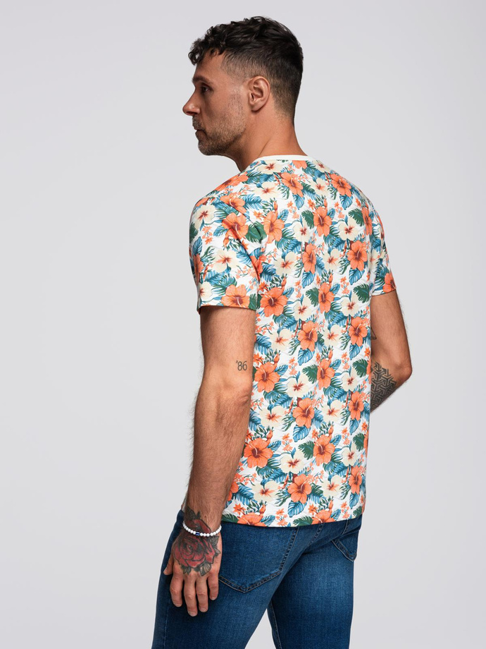 Men's cotton t-shirt with floral full print pattern - white V1 OM-TSFP-0249