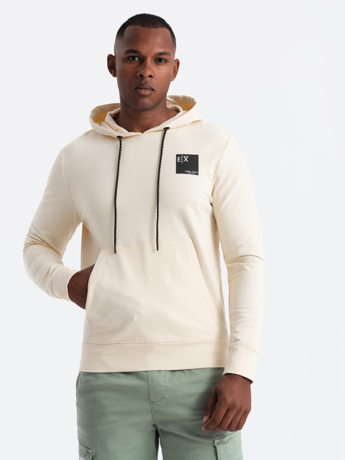 Men's kangaroo sweatshirt with hood and logo - cream V2 OM-SSNZ-0162