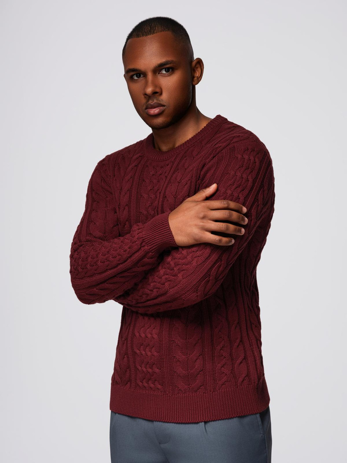 Elegancki sweter męski z ciekawym splotem –  bordowy V6 OM-SWSW-0173