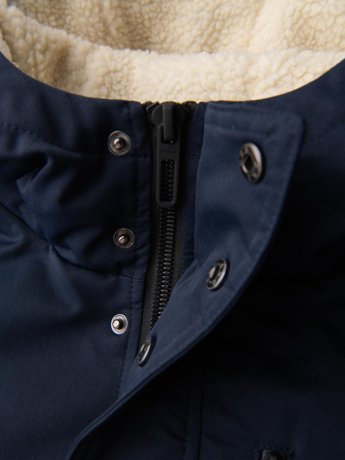 Men's long parka jacket with sheepskin - navy blue V2 OM-JAPJ-0316