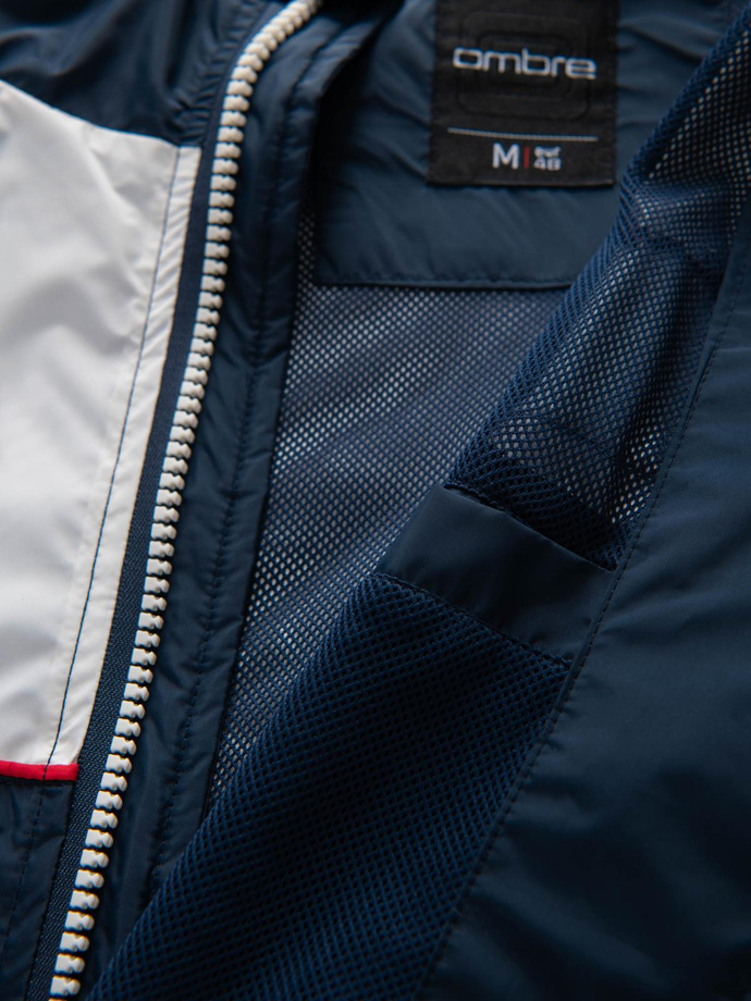 Men's contrast windbreaker jacket with hood - navy blue and white V1 OM-JANP-0228