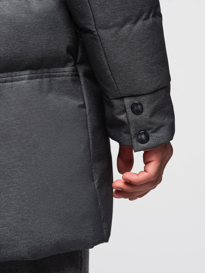 Długa męska pikowana kurtka z kapturem i wysoką stójką – szara V2 OM-JALJ-0264