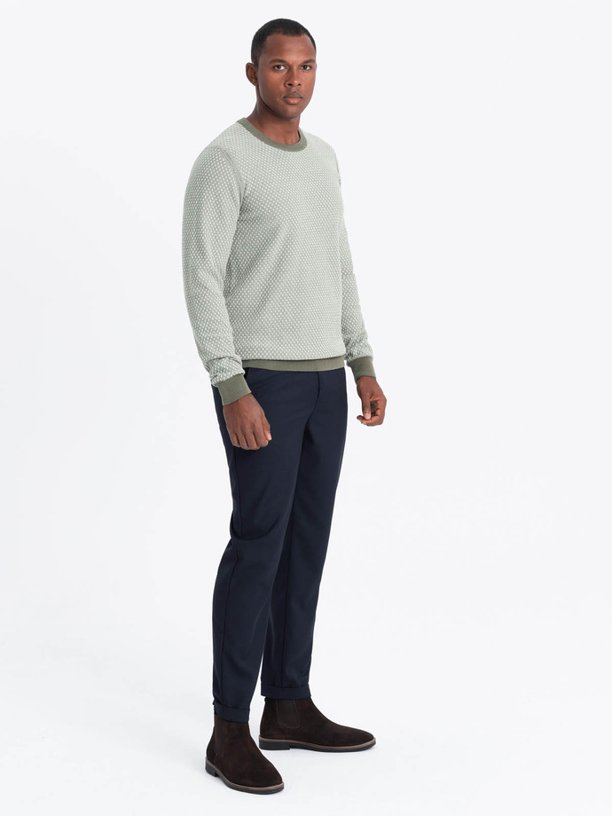 Dzianinowy męski sweter RELAXED FIT we wzory – oliwkowy V2 OM-SWSW-0111