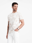 Men's full-print t-shirt in contrasting leaves - light beige V1 OM-TSFP-0180