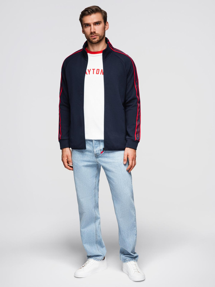 Washed men's sweatshirt with decorative stitching at the neckline - navy blue V4 OM-SSDS-0131