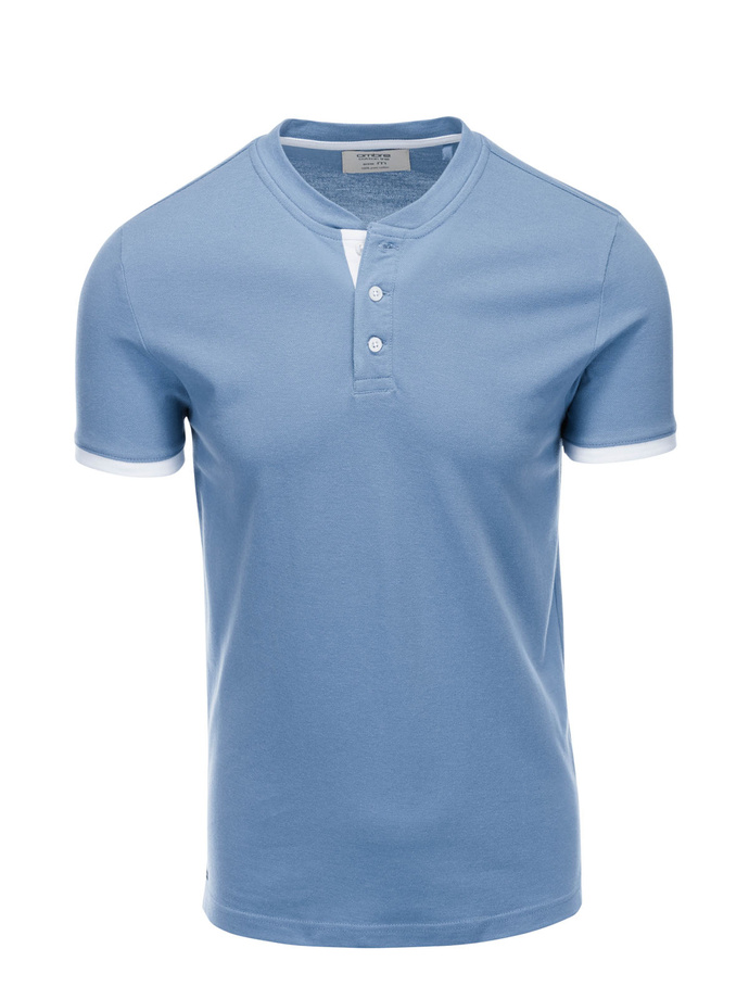 T-shirt męski polo bez kołnierzyka - niebieski V3 S1381